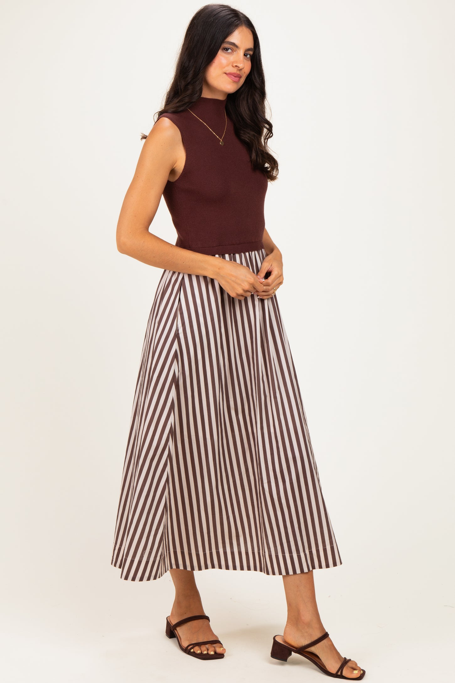 Brown Sleeveless Mock Neck Contrast Striped Skirt Midi Dress