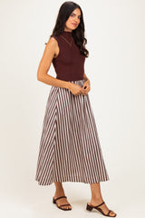 Brown Sleeveless Mock Neck Contrast Striped Skirt Midi Dress