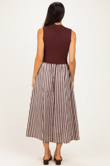 Brown Sleeveless Mock Neck Contrast Striped Skirt Midi Dress