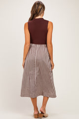 Brown Sleeveless Mock Neck Contrast Striped Skirt Maternity Midi Dress