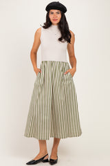 Ecru Sleeveless Mock Neck Contrast Striped Skirt Maternity Midi Dress