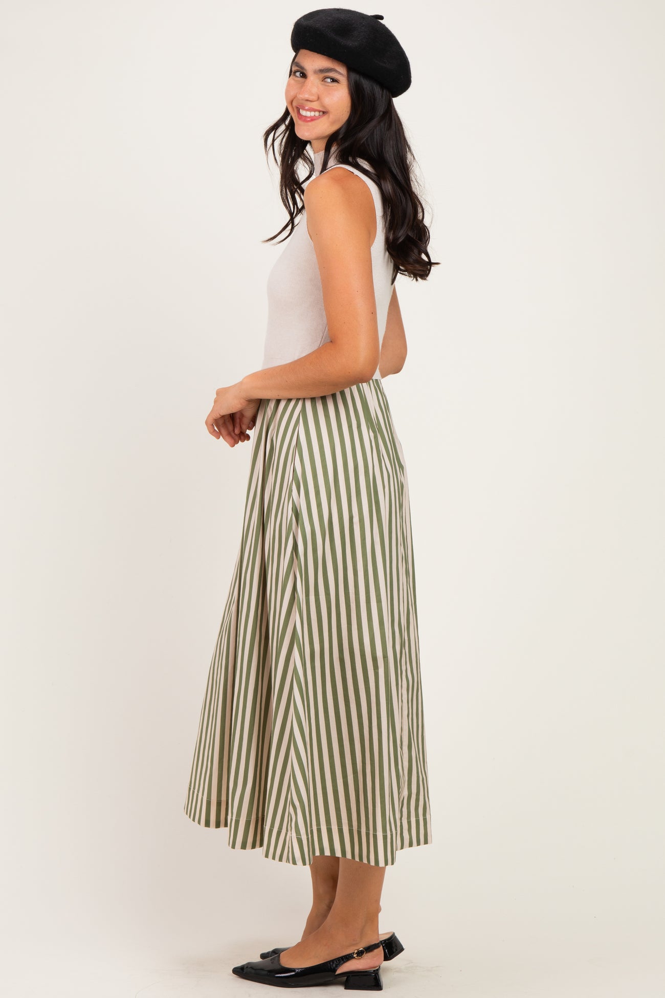 Ecru Sleeveless Mock Neck Contrast Striped Skirt Midi Dress