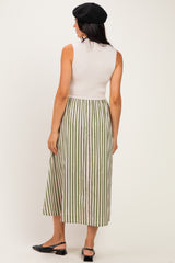 Ecru Sleeveless Mock Neck Contrast Striped Skirt Midi Dress