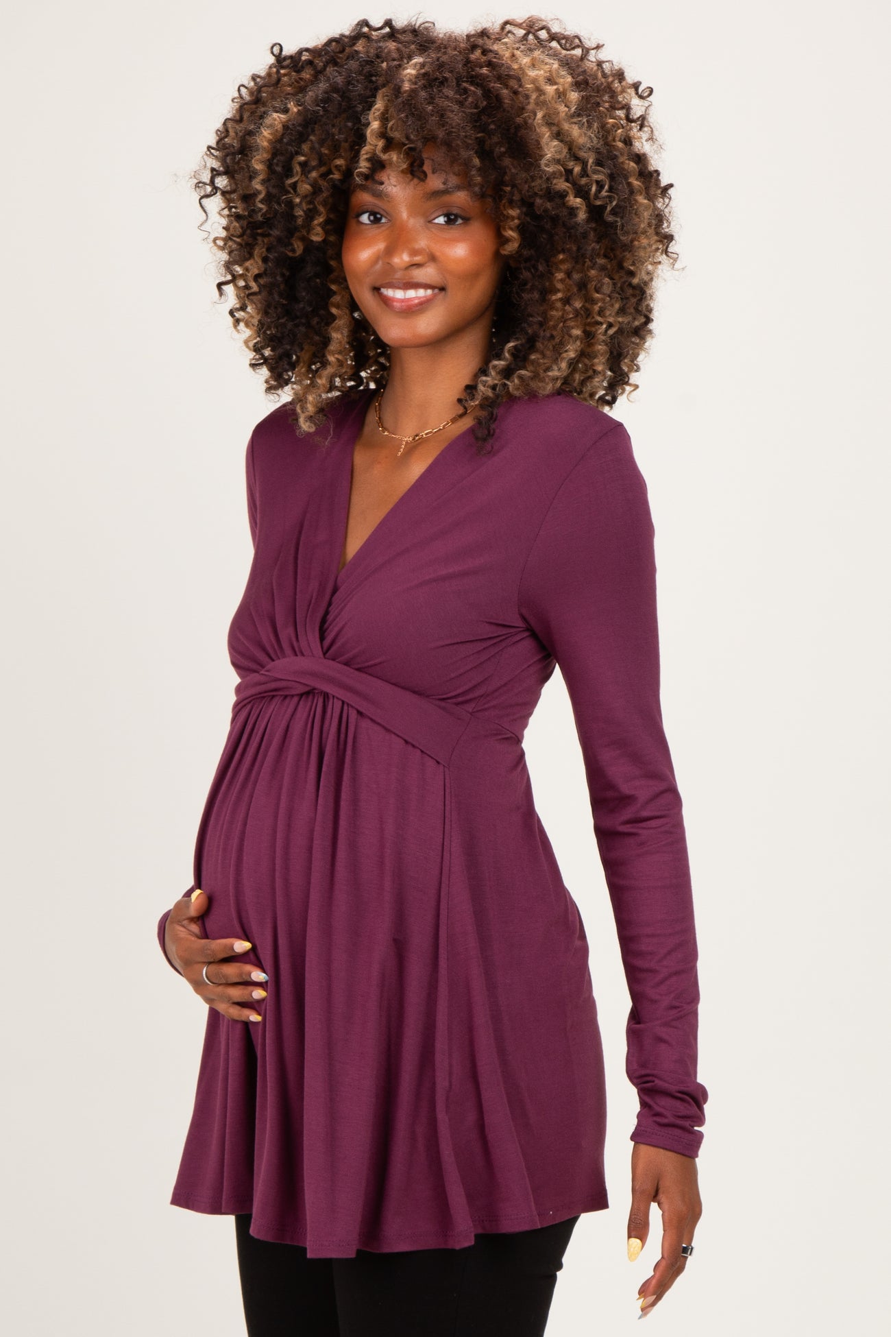 PinkBlush Burgundy Long Sleeve Draped Front Maternity Nursing Top