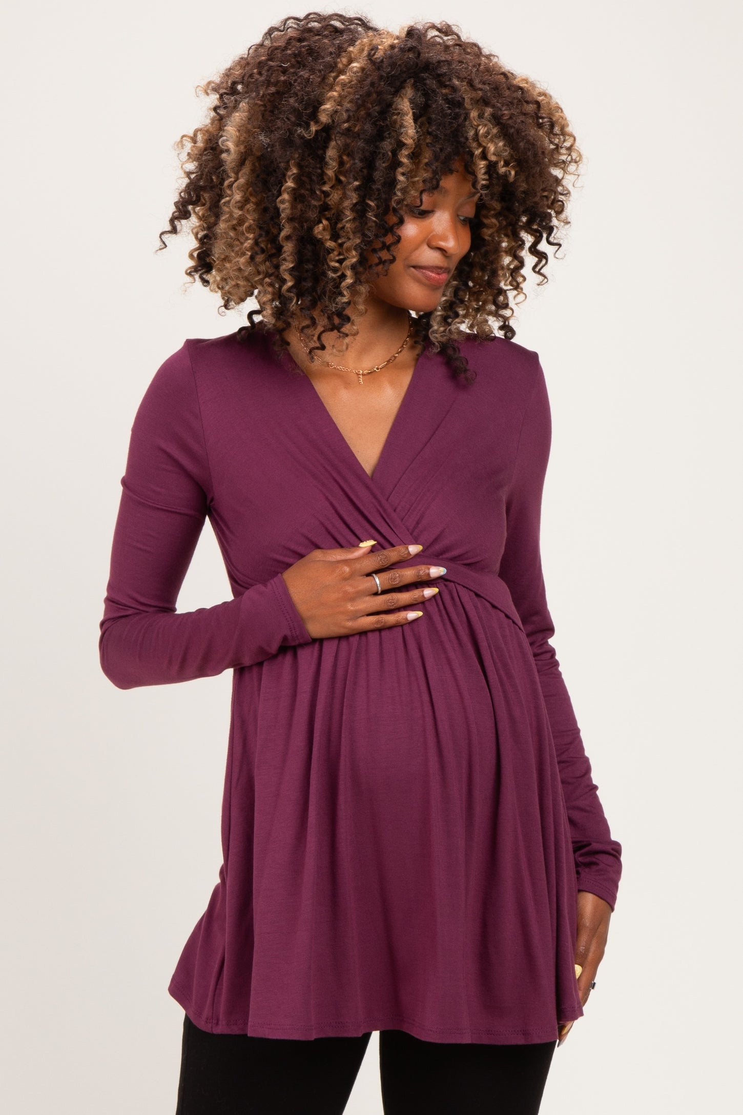 PinkBlush Burgundy Long Sleeve Draped Front Maternity Nursing Top