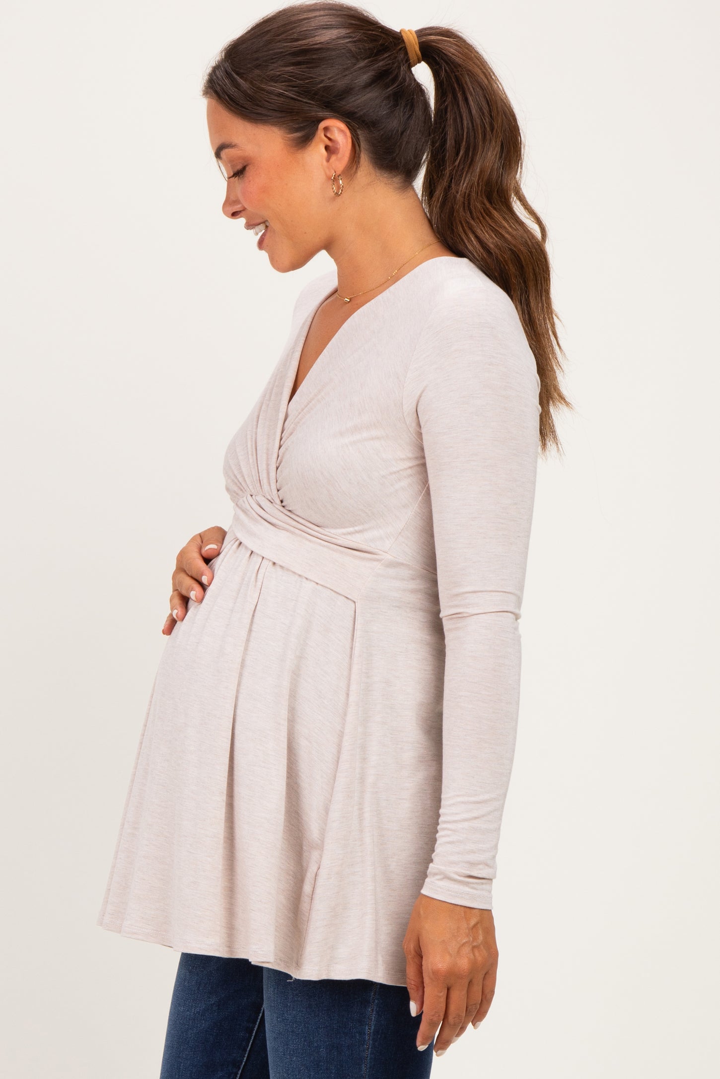 PinkBlush Oatmeal Long Sleeve Draped Front Maternity Nursing Top