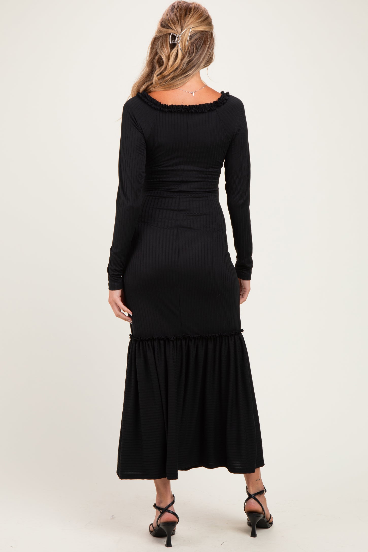 Black Ribbed Long Sleeve Ruffle Trim Off Shoulder Maternity Maxi Dress