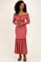 Mauve Ribbed Long Sleeve Ruffle Trim Off Shoulder Maxi Dress