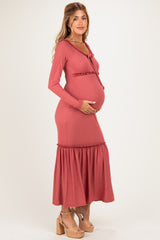 Mauve Ribbed Long Sleeve Ruffle Trim Off Shoulder Maternity Maxi Dress