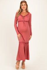 Mauve Ribbed Long Sleeve Ruffle Trim Off Shoulder Maternity Maxi Dress