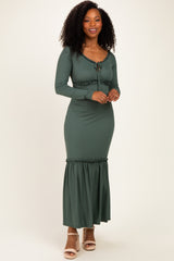 Olive Ribbed Long Sleeve Ruffle Trim Off Shoulder Maternity Maxi Dress