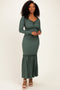 Olive Ribbed Long Sleeve Ruffle Trim Off Shoulder Maxi Dress