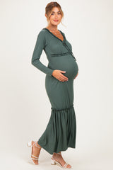 Olive Ribbed Long Sleeve Ruffle Trim Off Shoulder Maternity Maxi Dress