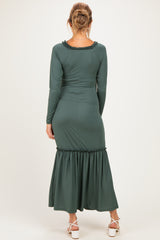 Olive Ribbed Long Sleeve Ruffle Trim Off Shoulder Maternity Maxi Dress