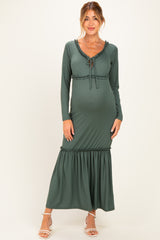 Olive Ribbed Long Sleeve Ruffle Trim Off Shoulder Maternity Maxi Dress