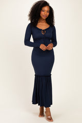 Navy Ribbed Long Sleeve Ruffle Trim Off Shoulder Maternity Maxi Dress