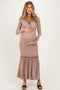 Beige Ribbed Long Sleeve Ruffle Trim Off Shoulder Maternity Maxi Dress