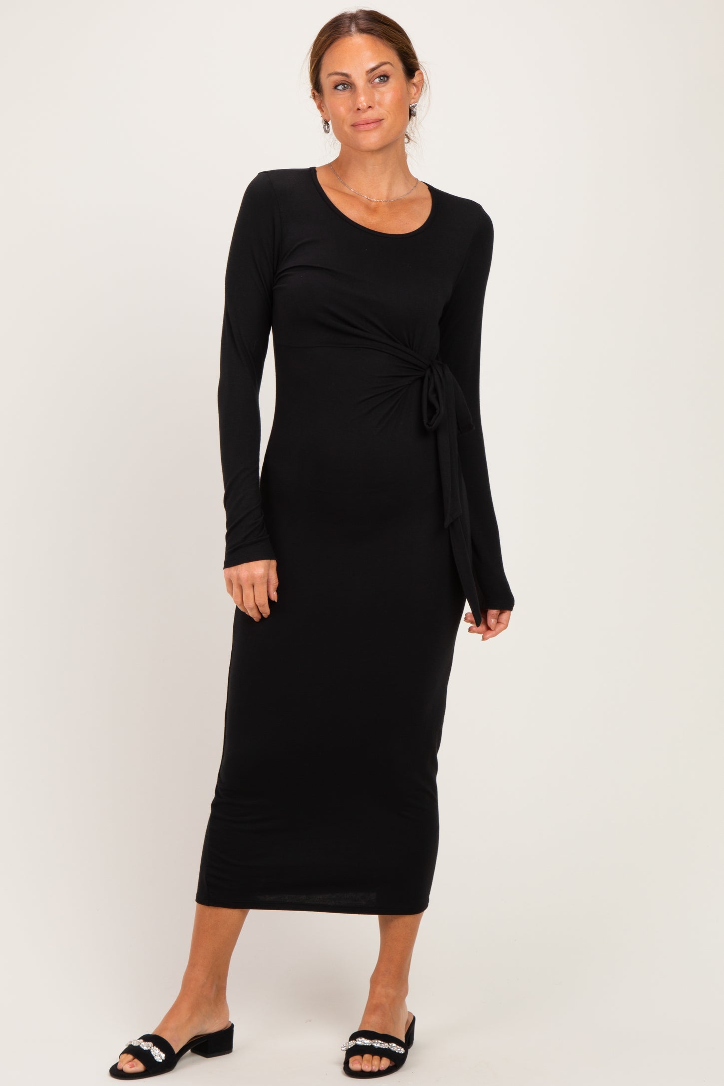Black Long Sleeve Knotted Waist Maxi Dress
