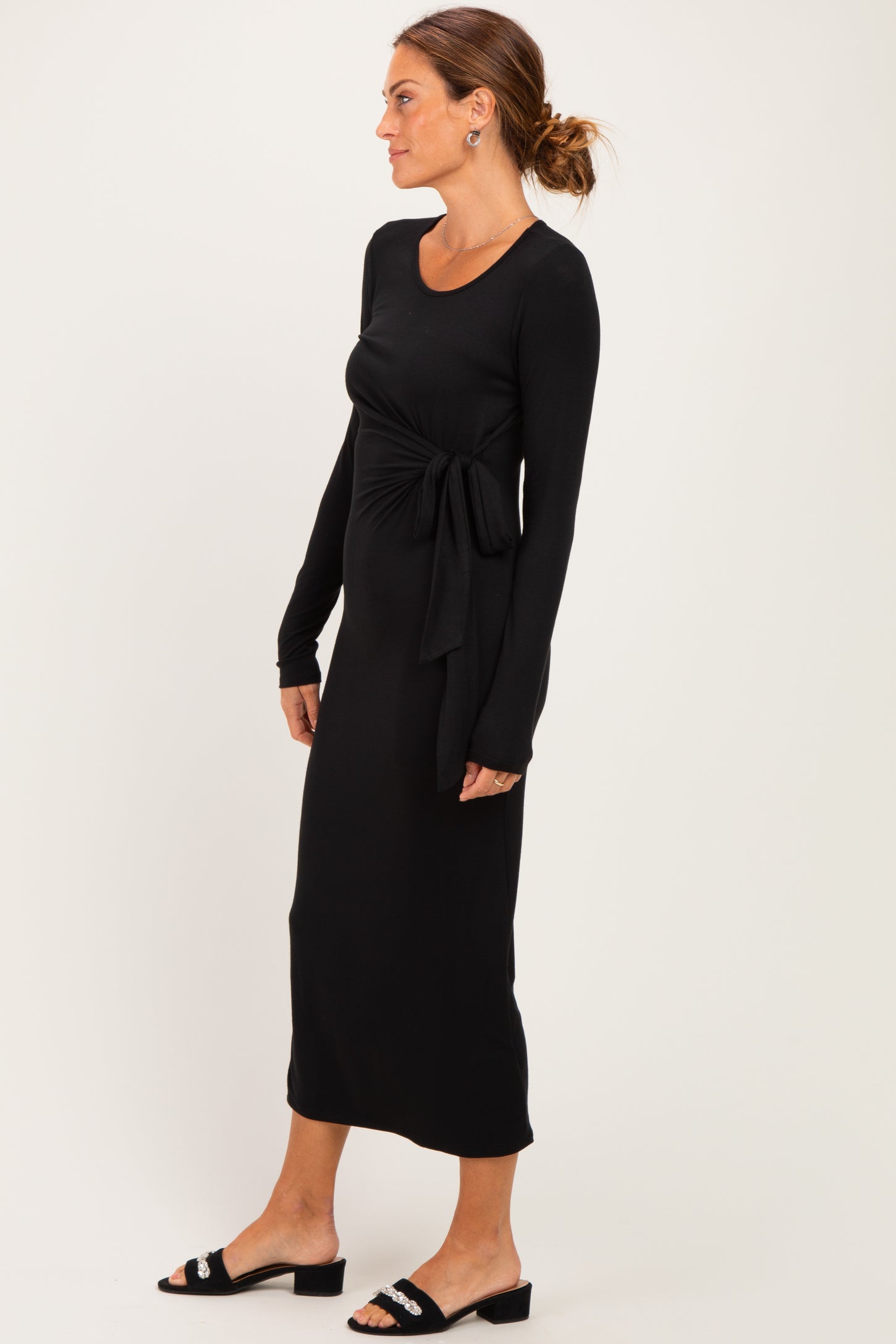 Black Long Sleeve Knotted Waist Maxi Dress