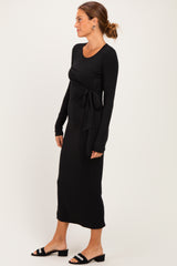 Black Long Sleeve Knotted Waist Maxi Dress