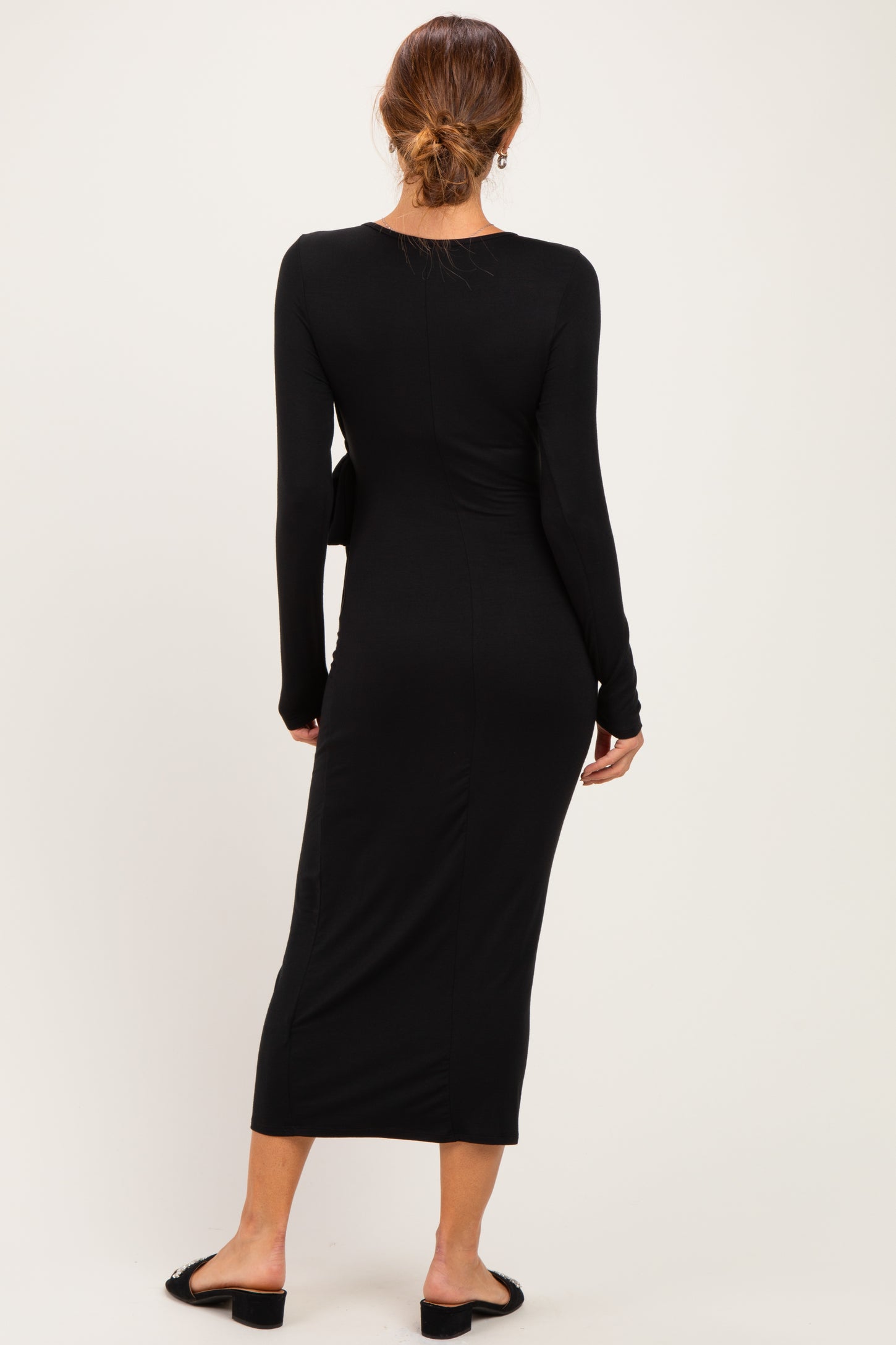 Black Long Sleeve Knotted Waist Maxi Dress