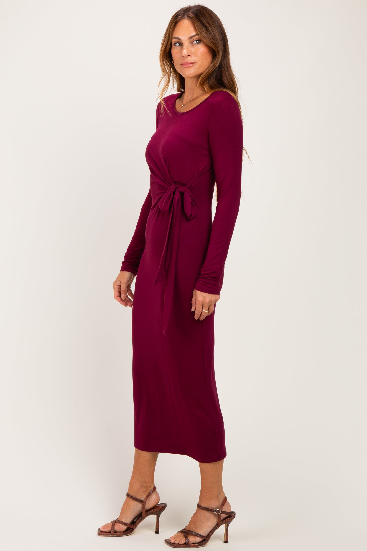Burgundy Long Sleeve Knotted Waist Maxi Dress