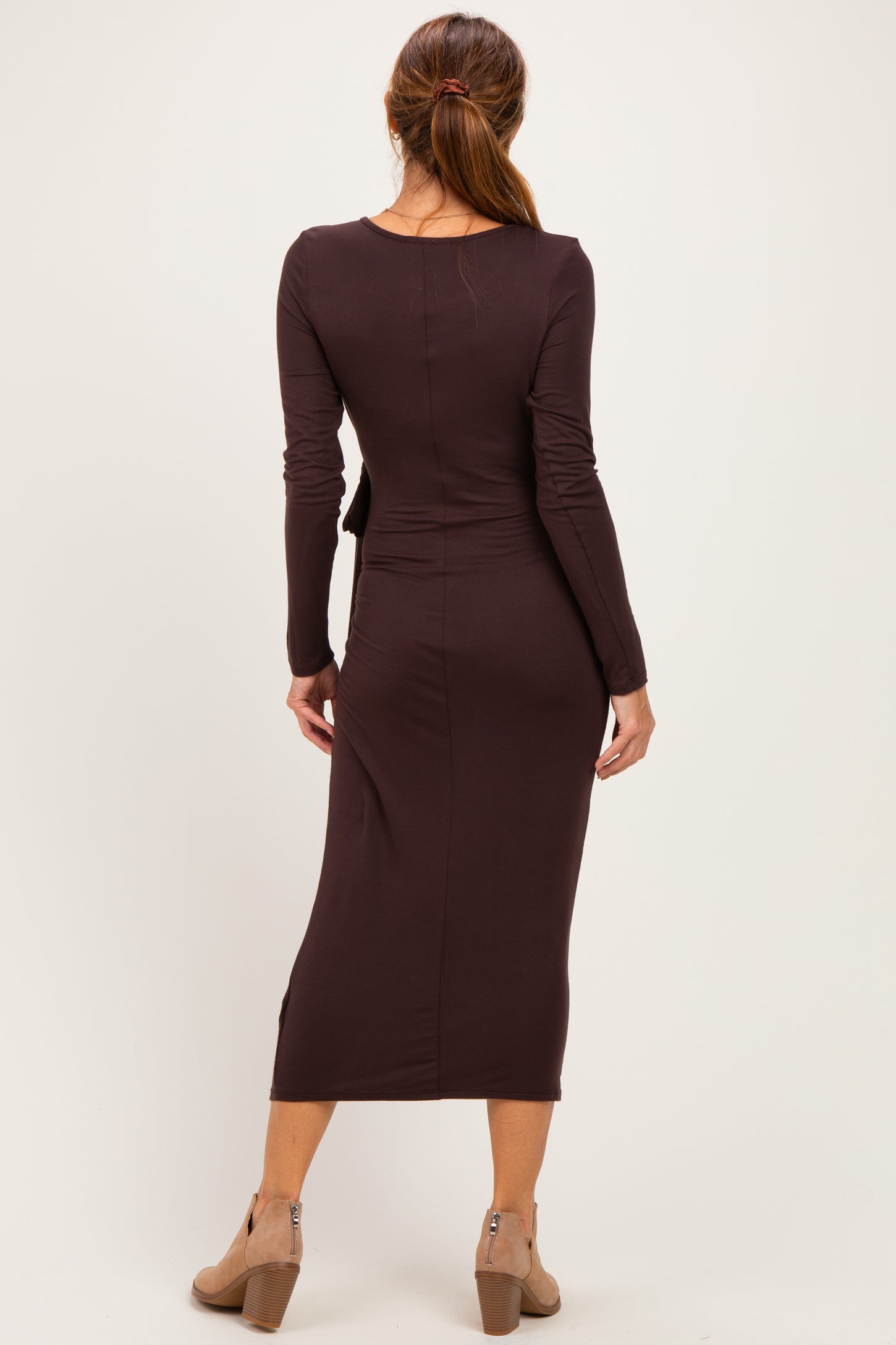 Brown Long Sleeve Knotted Waist Maxi Dress
