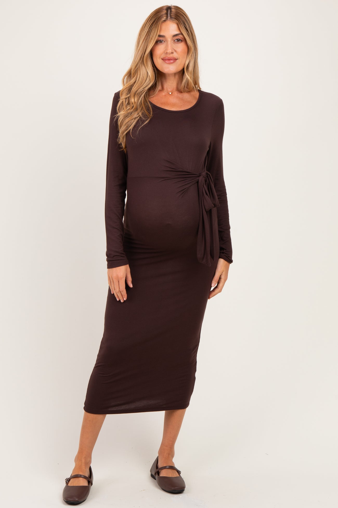 Brown Long Sleeve Knotted Waist Maternity Maxi Dress