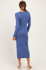 Blue Long Sleeve Knotted Waist Maxi Dress