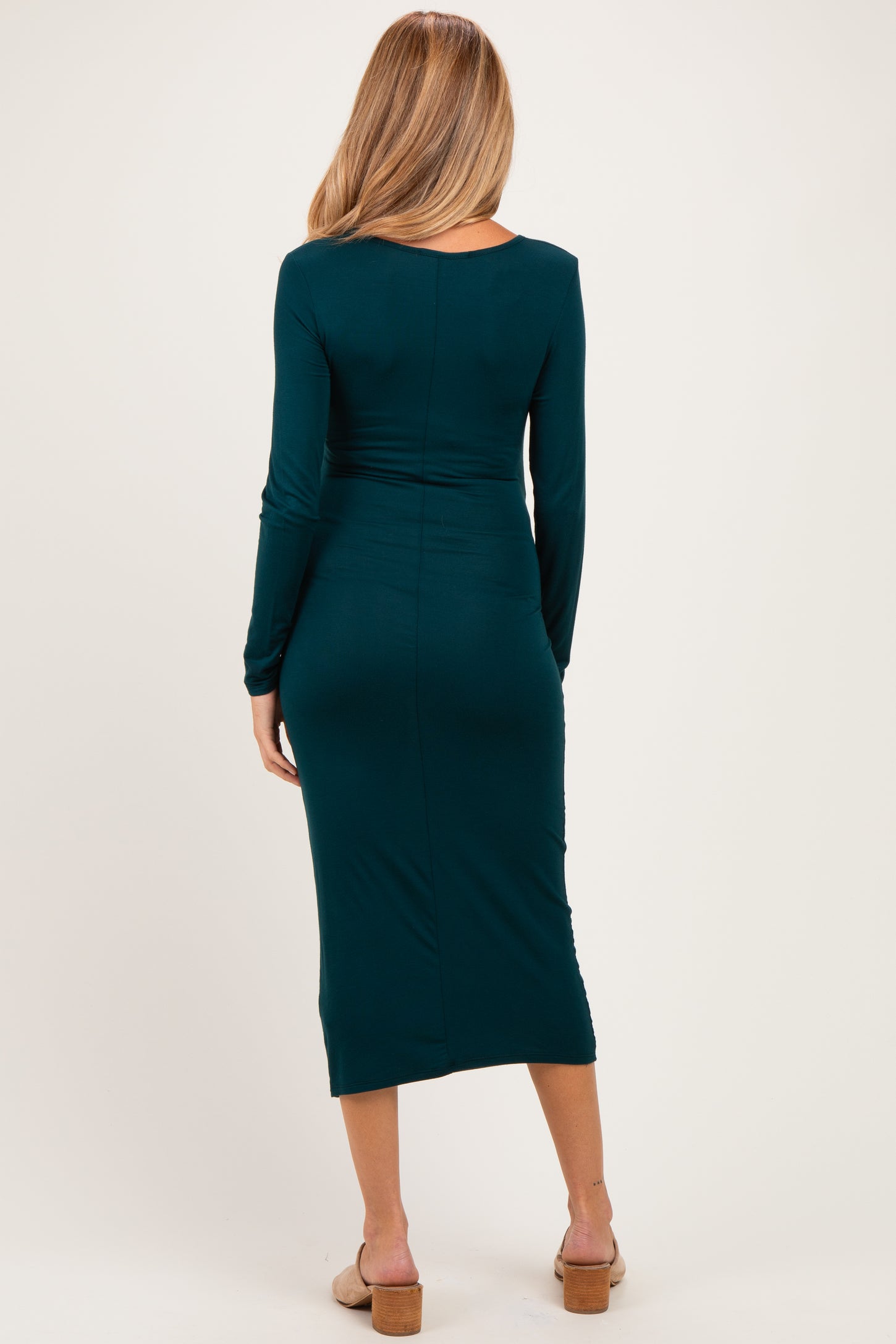 Hunter Green Long Sleeve Knotted Waist Maternity Maxi Dress