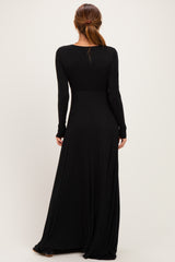 Black Solid Long Sleeve Scoop Neck A-Line Maxi Dress