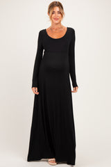 Black Solid Long Sleeve Scoop Neck A-Line Maternity Maxi Dress