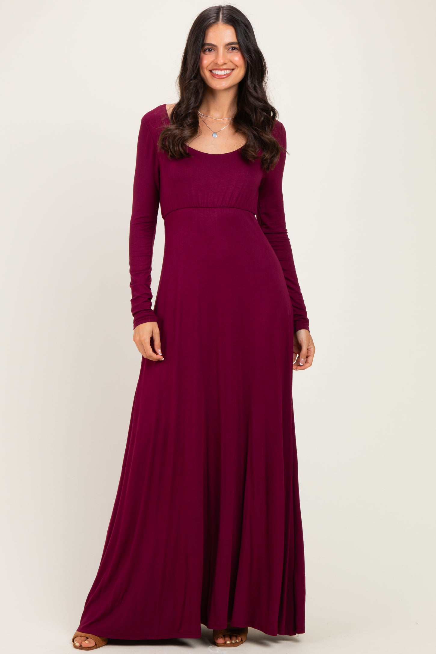 Burgundy Solid Long Sleeve Scoop Neck A-Line Maxi Dress