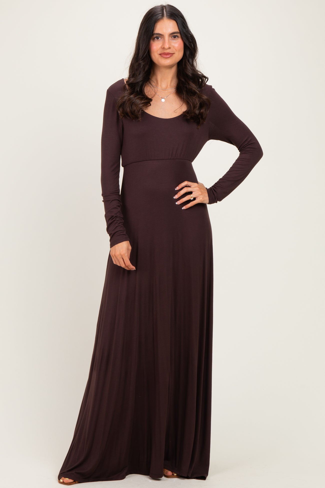 Brown Solid Long Sleeve Scoop Neck A-Line Maxi Dress