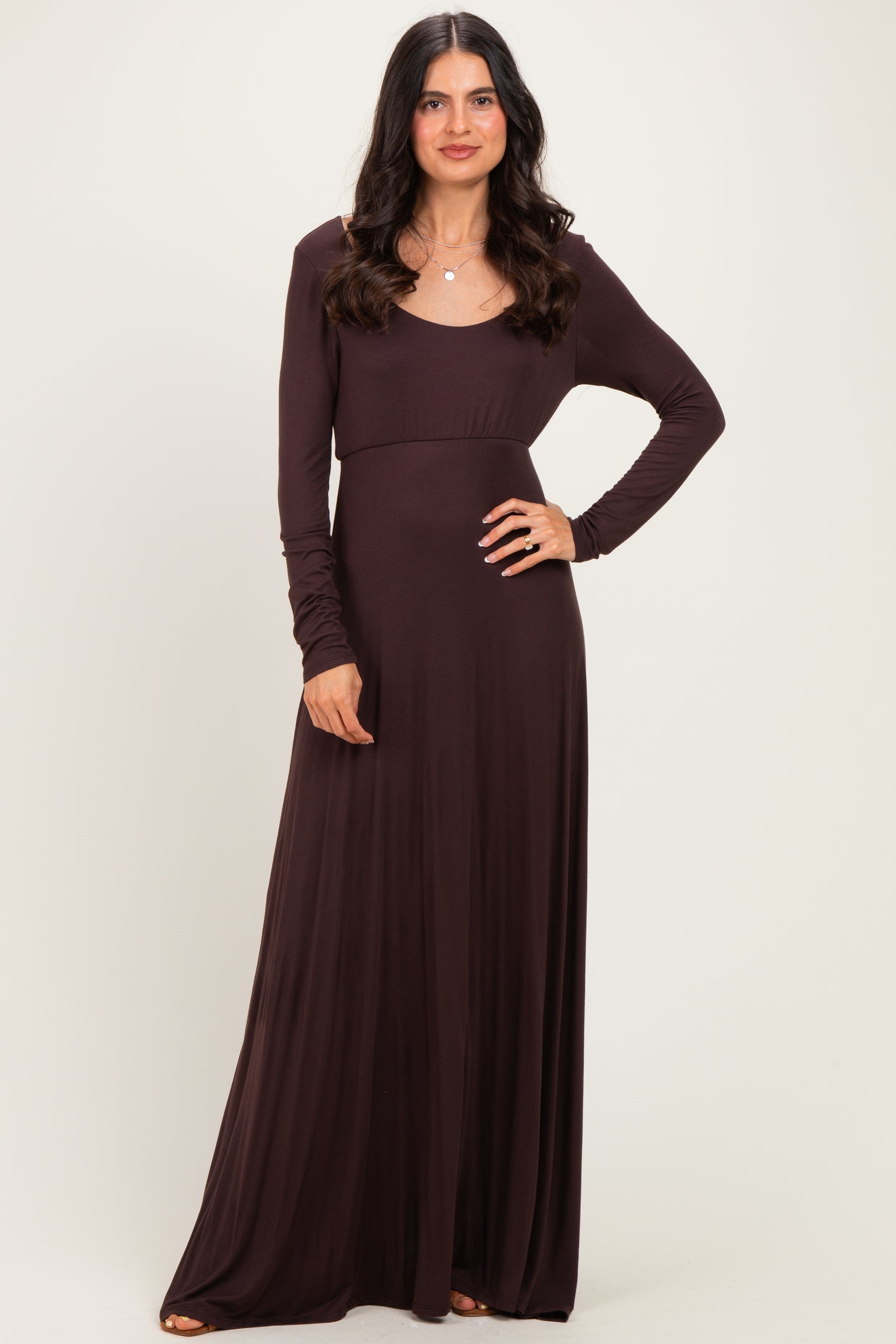 Brown Solid Long Sleeve Scoop Neck A-Line Maxi Dress