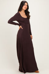 Brown Solid Long Sleeve Scoop Neck A-Line Maxi Dress