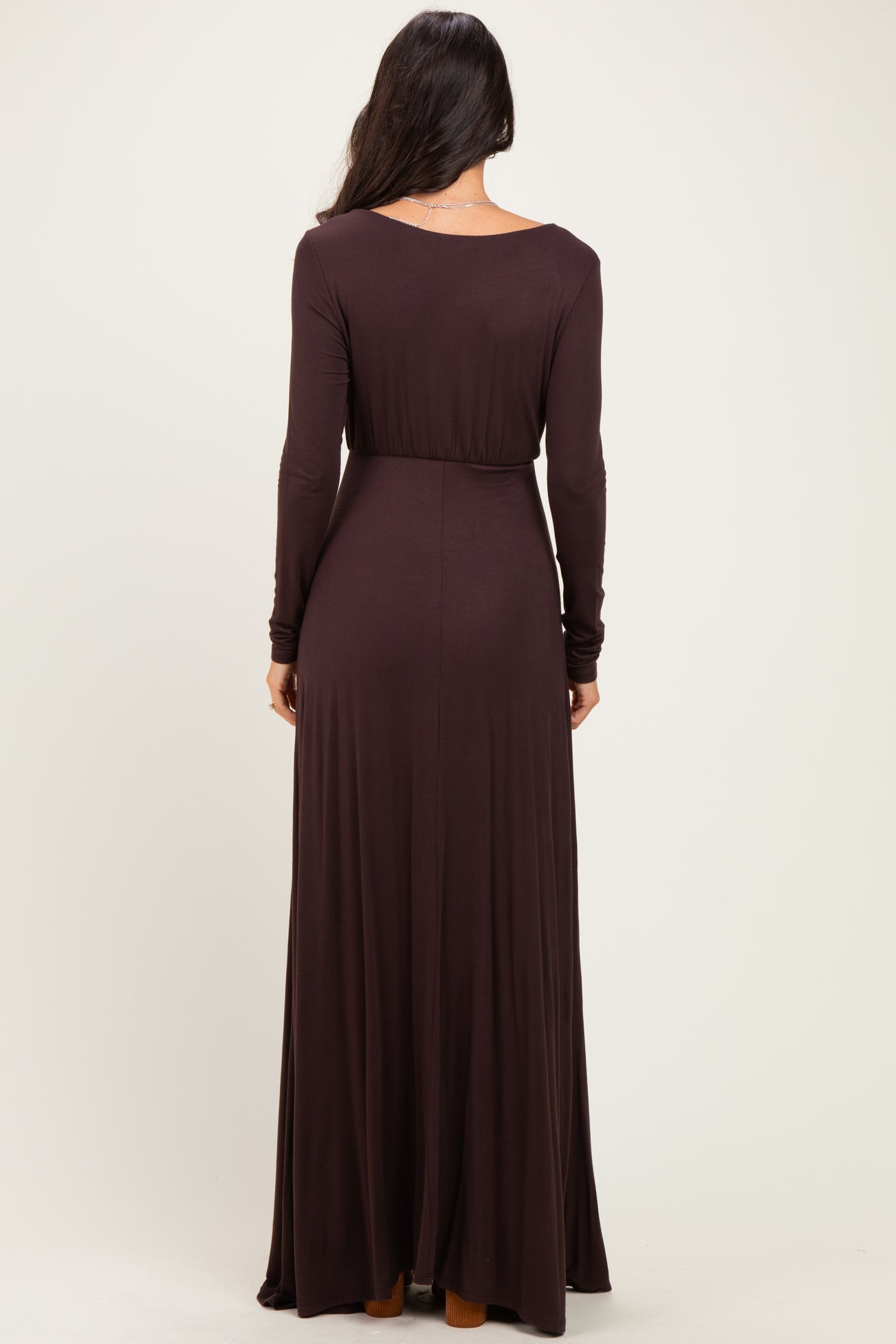 Brown Solid Long Sleeve Scoop Neck A-Line Maxi Dress