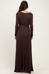 Brown Solid Long Sleeve Scoop Neck A-Line Maxi Dress