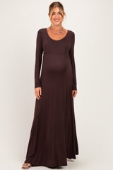 Brown Solid Long Sleeve Scoop Neck A-Line Maternity Maxi Dress