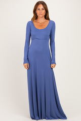 Blue Solid Long Sleeve Scoop Neck A-Line Maxi Dress