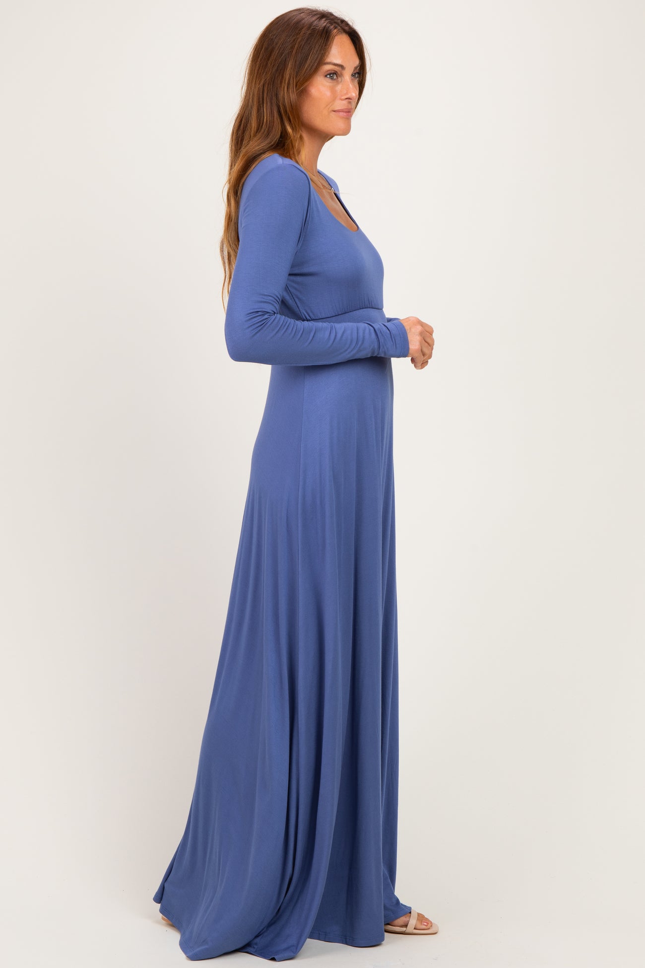 Blue Solid Long Sleeve Scoop Neck A-Line Maxi Dress