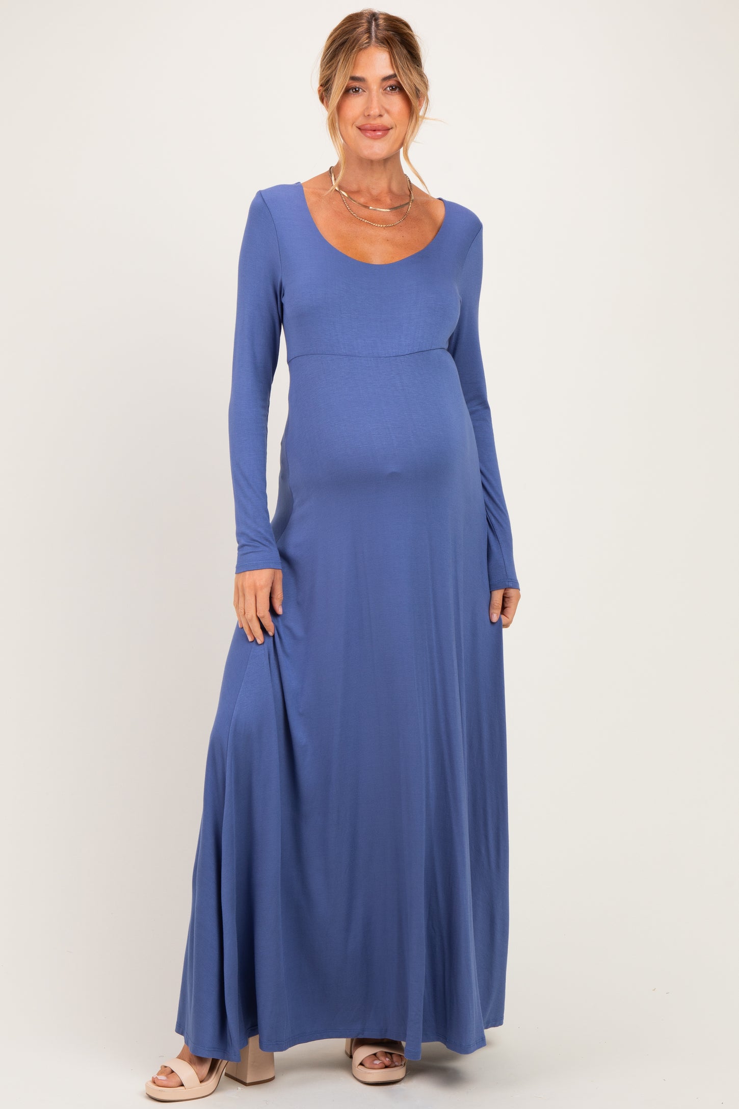 Blue Solid Long Sleeve Scoop Neck A-Line Maternity Maxi Dress