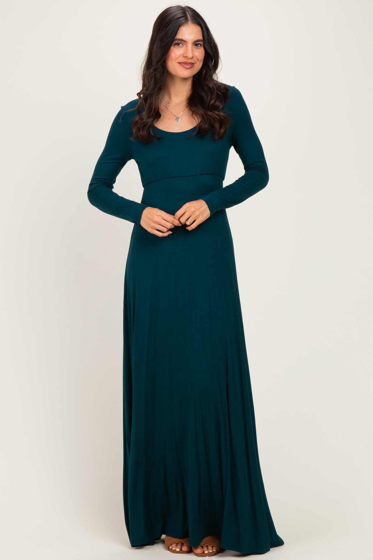 Hunter Green Solid Long Sleeve Scoop Neck A-Line Maxi Dress