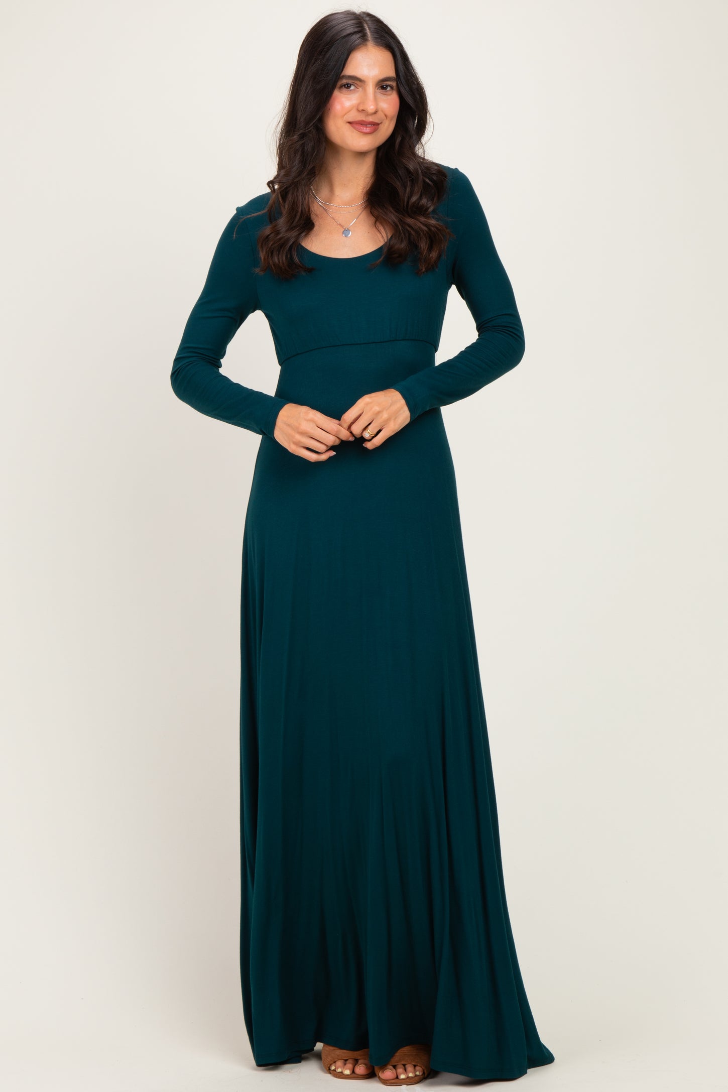 Hunter Green Solid Long Sleeve Scoop Neck A-Line Maxi Dress