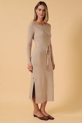 Oatmeal Ribbed Side Slit Midi Dress