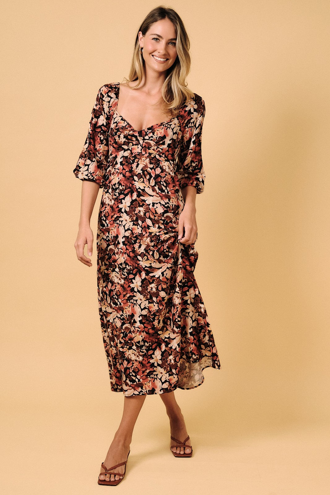 Black Floral 3/4 Sleeve Twist Front Maternity Midi Dress