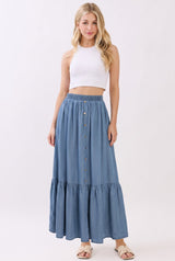 Denim Chambray Medium Wash Tiered Maxi Skirt