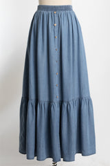 Denim Chambray Medium Wash Tiered Maxi Skirt