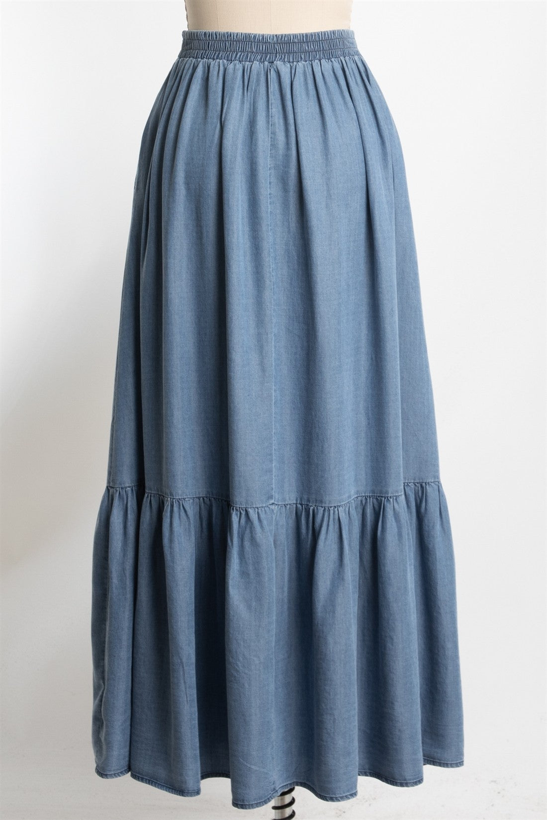 Denim Chambray Medium Wash Tiered Maxi Skirt