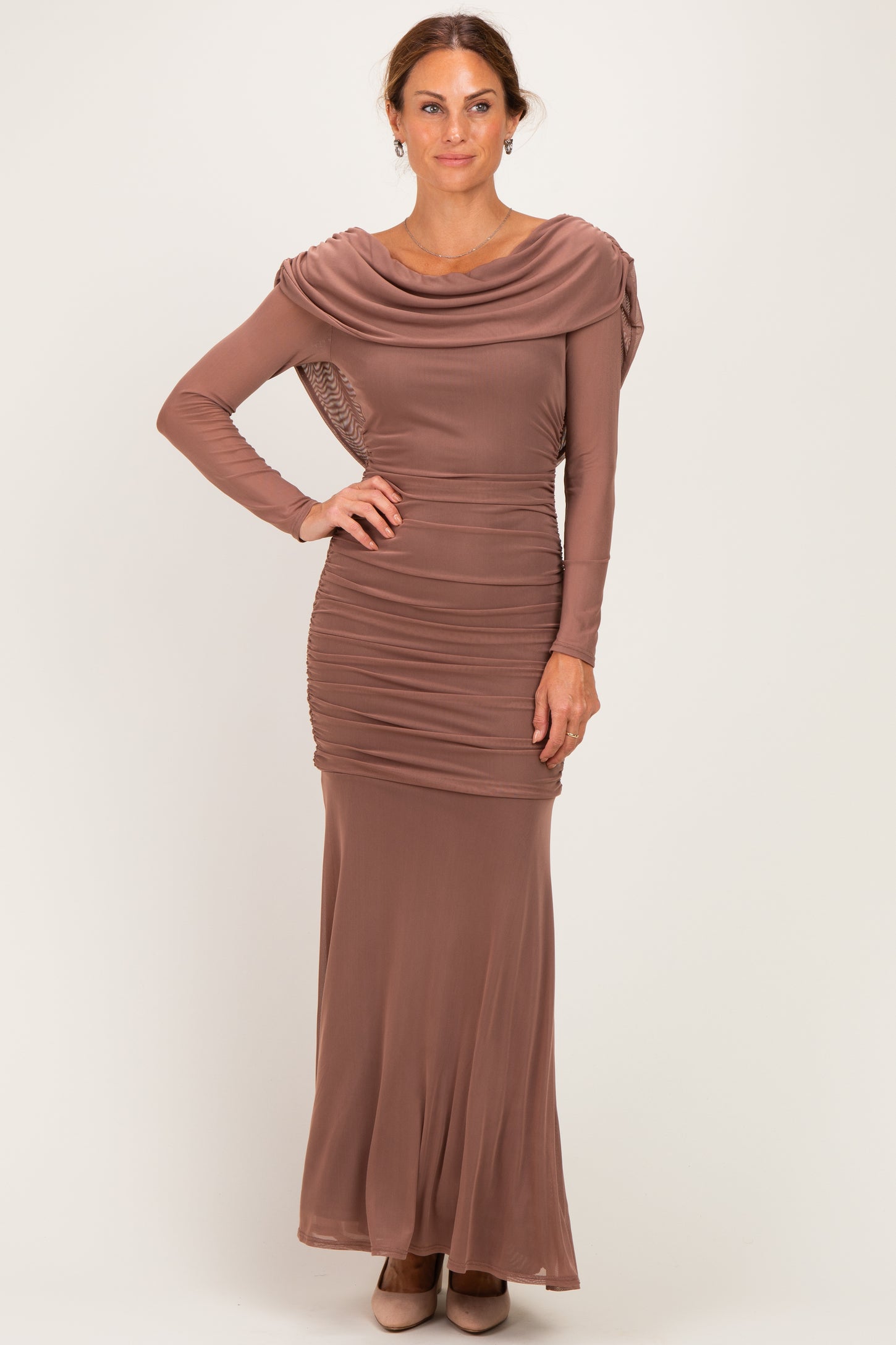 Mocha Mesh Draped Shoulder Long Sleeve Maxi Dress